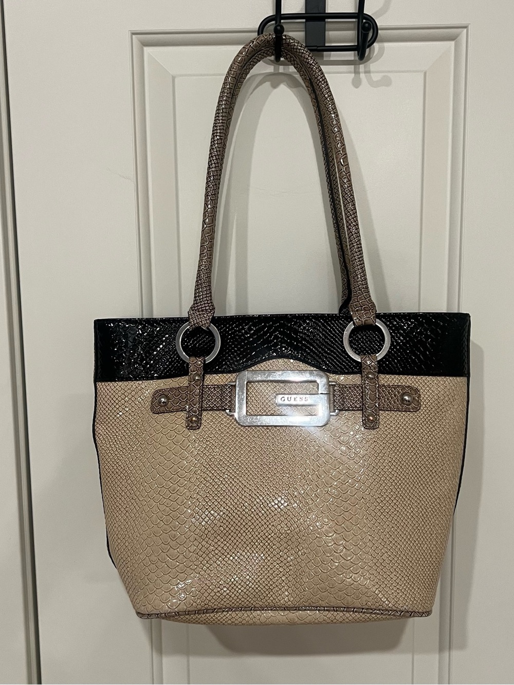 GUESS Beige and Black Snake-Embossed‎ Tote Bag